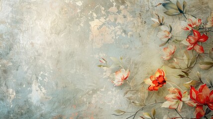Vintage floral wallpaper with red and white flowers on textured background