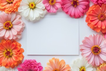 Fototapeta premium Close-up of various colorful flowers forming a beautiful frame around a blank white card. Perfect for invitations or greeting cards.