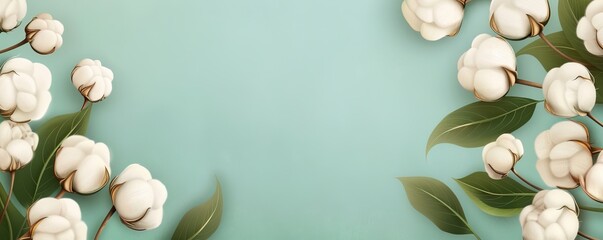 Elegant background with white flowers and green leaves on a soft teal backdrop. Perfect for floral-themed designs and presentations.