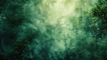 Obraz premium Mysterious misty forest with dense foliage and sunlight filtering through
