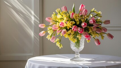 Bouquet of pink tulips and yellow freesias in a glass vase on the table