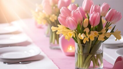 Obraz premium Bouquet of pink tulips and yellow freesias in a glass vase on the table