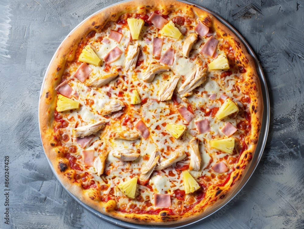Poster delicious pizza with toppings from above generative ai