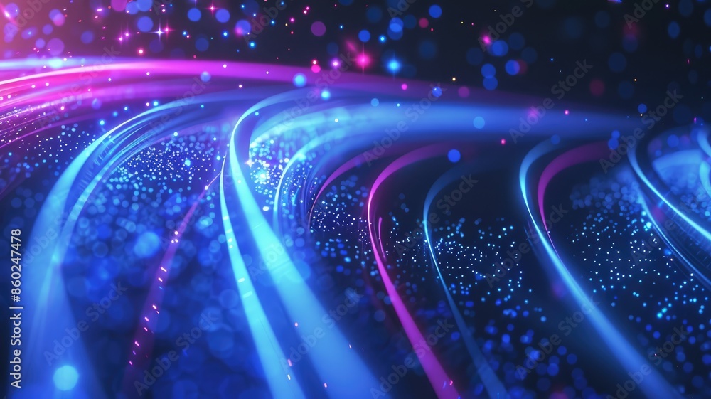 Poster abstract digital waves with blue glowing dots on a dark background. digital art of neon path way wit
