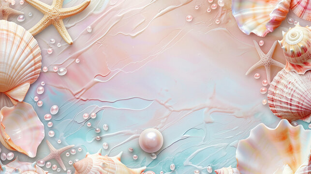 Pastel-colored summery seashell frame background wallpaper