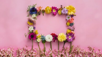Flowers composition frame made of flowers on pink background flat lay top view
