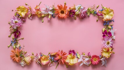 Fototapeta premium Flowers composition frame made of flowers on pink background flat lay top view