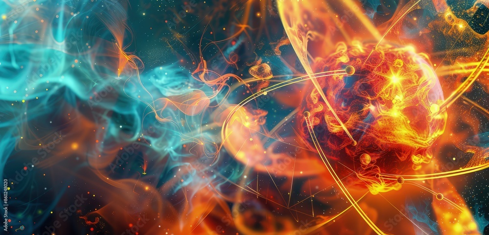 Aufkleber a dynamic 3d rendering of an atom, showcasing detailed electron paths and a vibrant nucleus, set aga