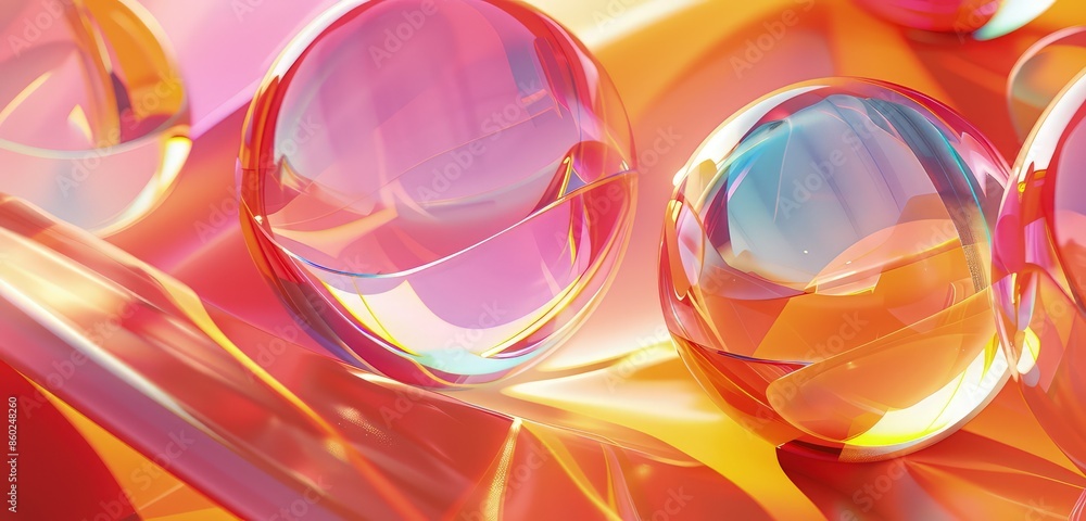 Poster a dynamic 3d rendering of bright glass geometric shapes, with smooth surfaces and vibrant colors int