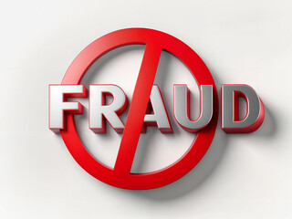 3d illustration render of a wqrd text FRAUD inside no prohibit red circle prohibit design logo. Concept of fraud prevention, anti-fraud measures