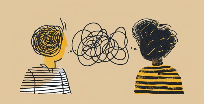 Complex communication concept with tangled lines between two people