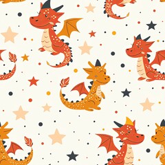 Obraz premium Cute Seamless Pattern with Dragon, Fire, and Stars