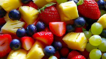 Background texture different berries and fruit. Assortment of fresh exotic fruits as background, top view Various colorful fruits