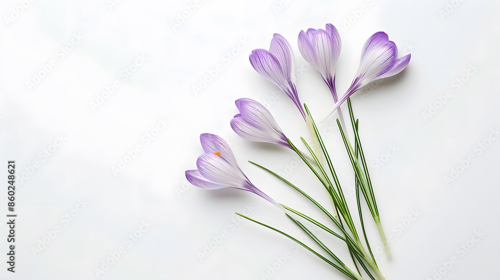 Poster Crocus spring flowers Lilac crocuses on stem with leaves creative layout isolated on white background Springtime themes Top view flat lay Design element : Generative AI