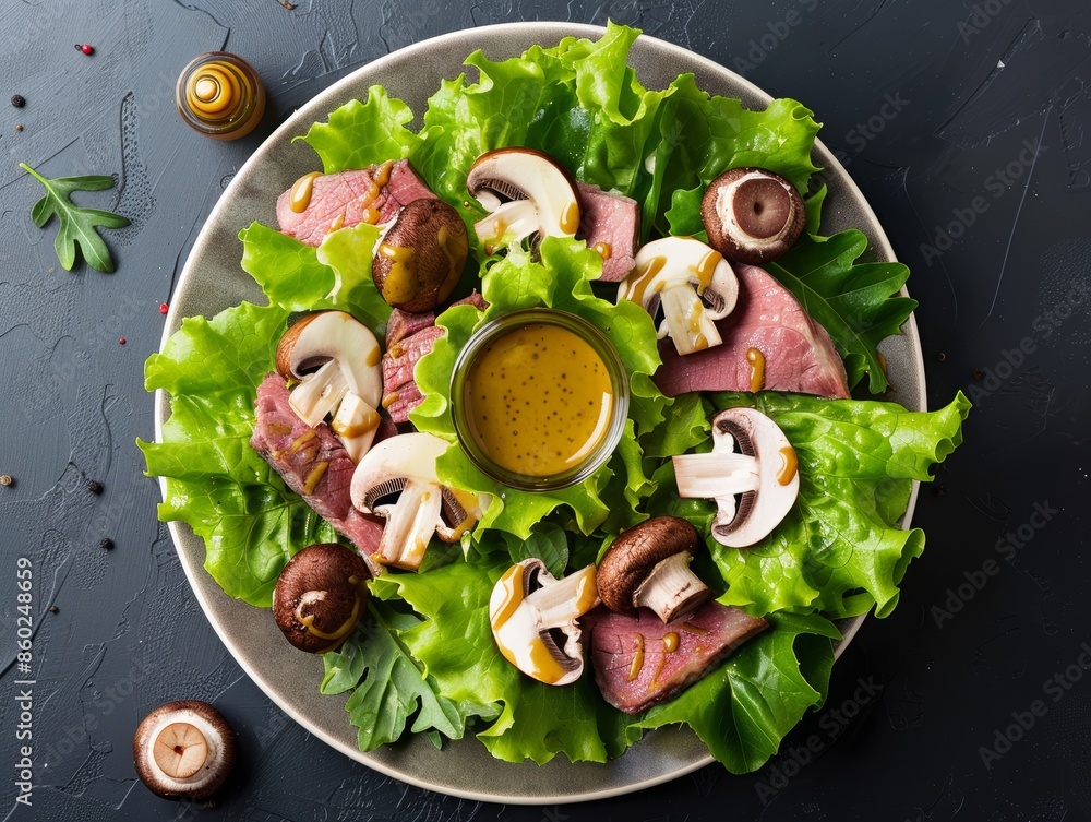 Poster delicious salad with beef and mushrooms on dark background generative ai