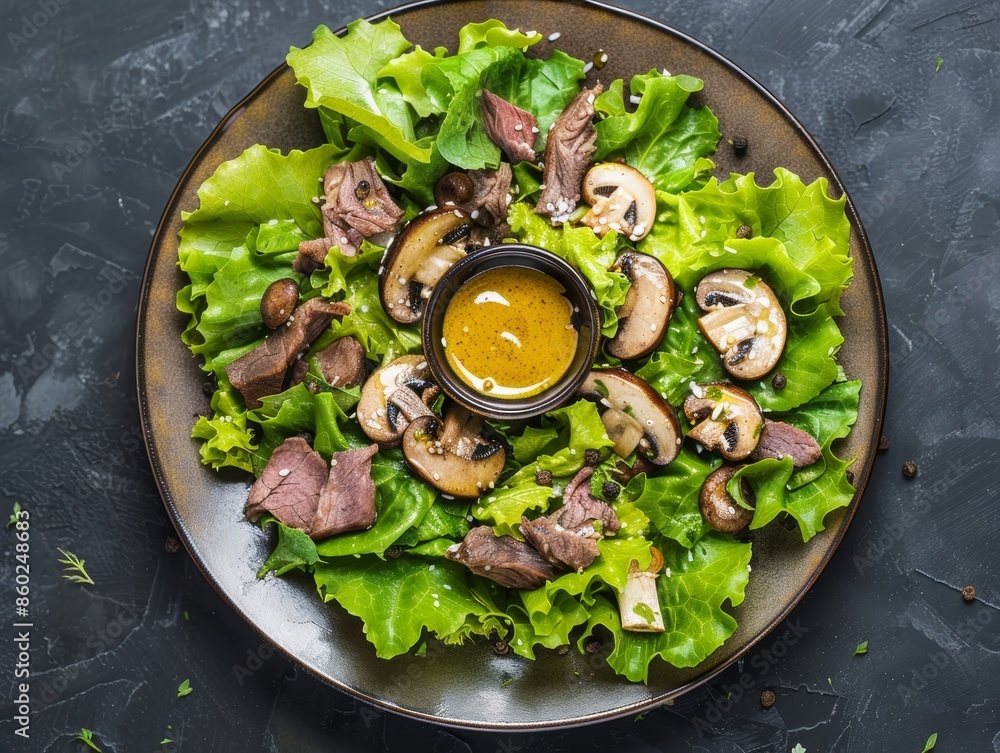Poster Delicious Salad with Beef and Mushrooms on Dark Background Generative AI