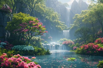 Fototapeta premium Beautiful Paradise Land with Flower and Waterfall created with Generative AI