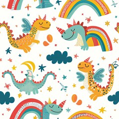 Cute Seamless Pattern with Dragon and Rainbow
