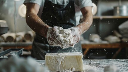 Baker Kneading Dough in Kitchen