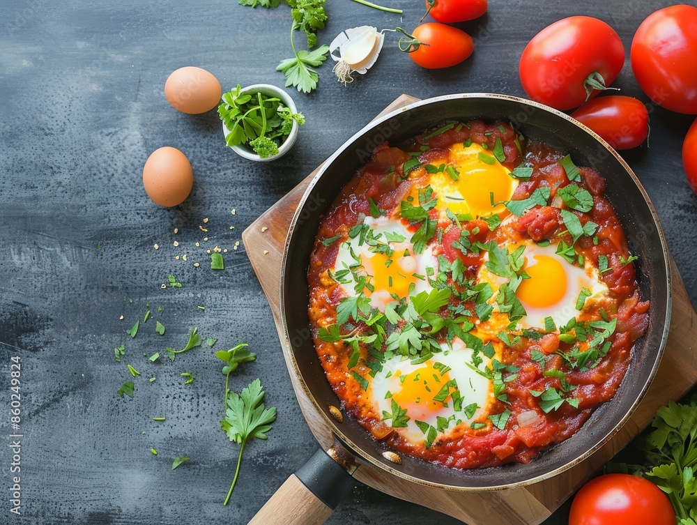 Poster delicious shakshuka served on a table generative ai