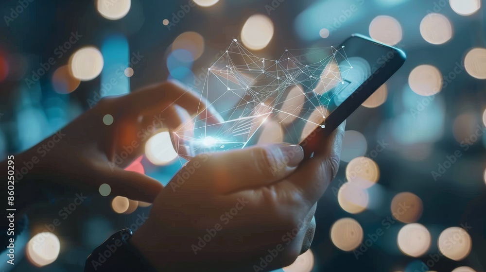 Aufkleber hands using smartphone with futuristic digital network overlay