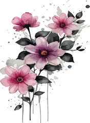 Watercolor flowers black line art splash. Floral illustration