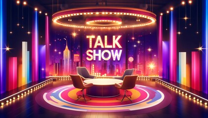 A stunning illustration of a talk show set featuring a central round table with chairs, surrounded by colorful vertical lights and a large illuminated ring overhead