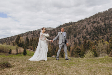 A bride and groom are walking together in a field with a beautiful view of the mountains in the background