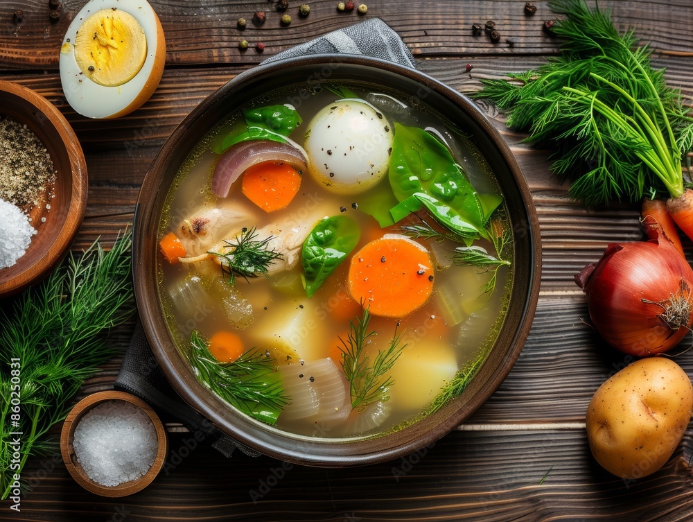 Poster hearty soup on a rustic wooden table generative ai
