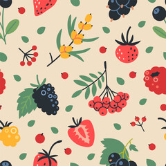 Seamless pattern berries like raspberry, strawberry, rowan, cloudberry, currant and blueberry. Trendy modern vector illustration on light background, hand drawn, flat design