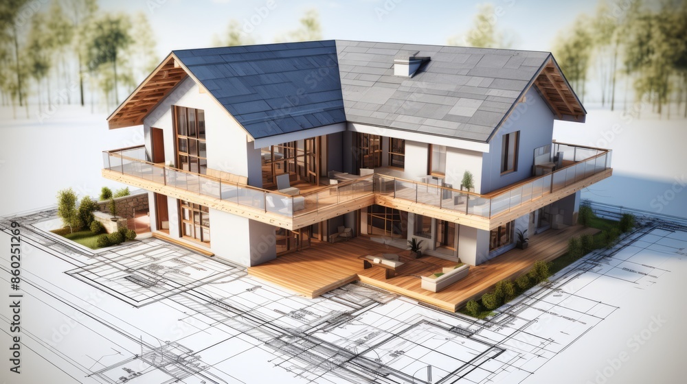 Aufkleber architecture of a 3d model house project with blueprint