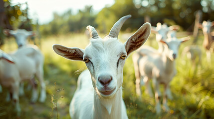 Obraz premium Group of young goats standing in a meadow on a sunny day, Heres a bit for you. a unrecognizable farmer feeding his sheep with his hand outside on his land during the day