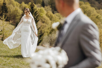 A bride and groom are standing in a field with a beautiful view of the mountains. The bride is...