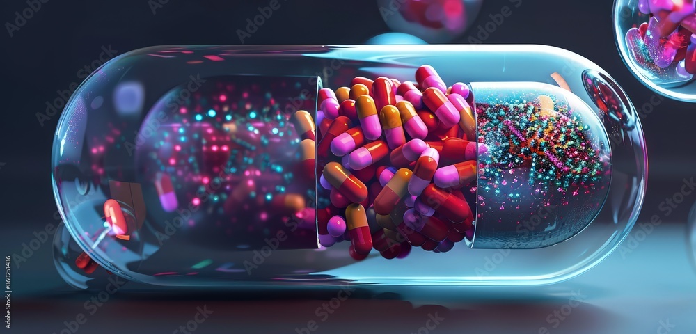 Poster a dynamic 3d rendering of a medical capsule inside a transparent cell, with smooth surfaces and vibr