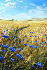 Blooming cornflowers on a field of ripening grain. AI generative.