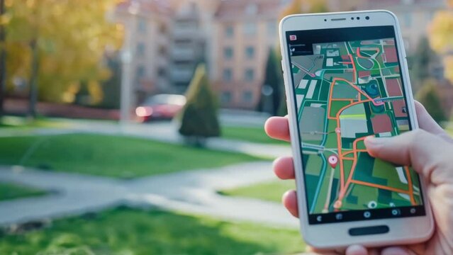 Tourist person navigating city street use tablet or mobile cell phone with map display. Urban scene. Town background. City exploration and GPS technology. Man hand hold navigator search place location