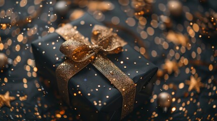 A Christmas-themed setting with a black gift box featuring a golden ribbon