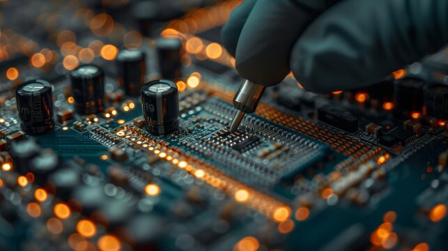 A close-up view of a technician’s hand inspecting a microprocessor circuit board.