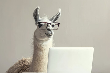 Obraz premium A llama sitting in front of a laptop, sporting glasses, with a plain light grey background. The llama's calm and focused demeanor adds a playful and charming vibe, making the scene both amusing and
