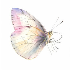 A gentle butterfly with delicate wings, painted in soft watercolor hues, beautifully isolated on a pristine white background
