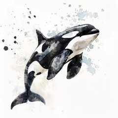 Obraz premium A graceful orca swimming in the ocean, painted in fluid watercolor strokes, beautifully isolated on a pristine white background