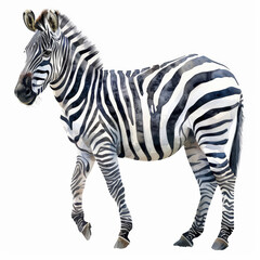 Obraz premium A majestic zebra with striking stripes, depicted in vivid watercolor hues, beautifully isolated on a pristine white background