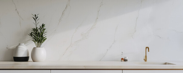 Minimalist kitchen podium background with a white quartz countertop, smooth cabinetry with no handles, and a monochrome color scheme. A single potted plant adds a pop of green.