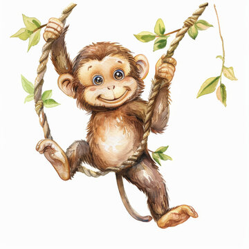 A playful monkey swinging from a branch, depicted in lively watercolor illustrations, beautifully isolated on a pristine white background