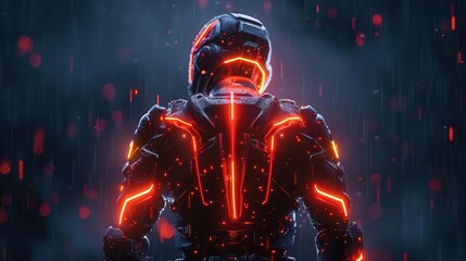 A person in a red mask, possibly a futuristic cyborg or android Halloween costume