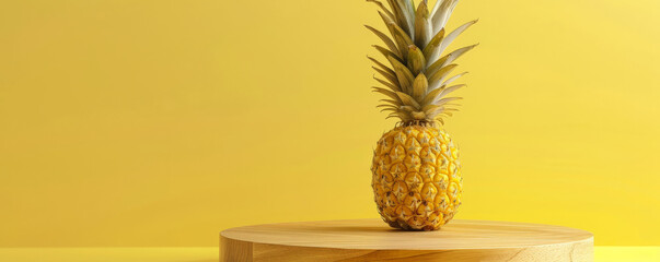 Vibrant yellow background with a polished wooden podium shaped like a pineapple. The platform is ideal for a tropical-themed fruit display