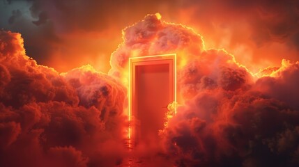 Obraz premium cloud storage with a door, surrounded by neon clouds in a warm orange hue
