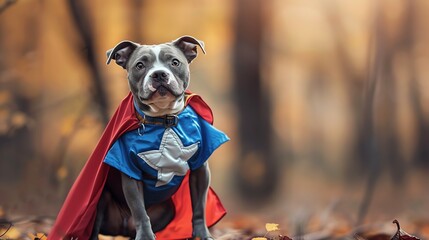 A pit bull dog wearing a superhero costume looks directly at the camera.