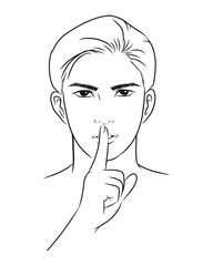 man making a quiet gesture. vector illustration isolated cartoon hand drawn. Line art.