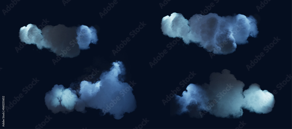 Aufkleber Realistic cumulus clouds on a transparent background. Texture of light steam clouds with a bluish tint for web design and illustrations.